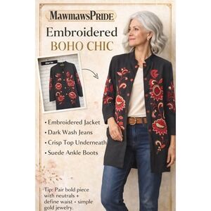 Vintage Alex Kim Embroidered Floral Jacket Black Boho Statement Coat Size Large